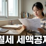 월세 계약서와 계산기를 놓고 서류를 확인하는 한국인 여성
