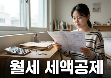 월세 계약서와 계산기를 놓고 서류를 확인하는 한국인 여성