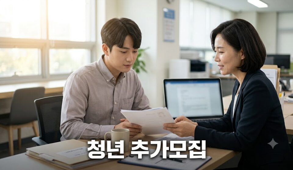 고용센터 상담 창구에서 서류를 살펴보는 청년과 상담사