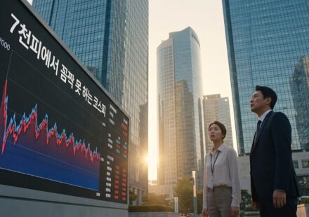 코스피 7000 부근 횡보 차트 전광판을 올려다보는 직장인