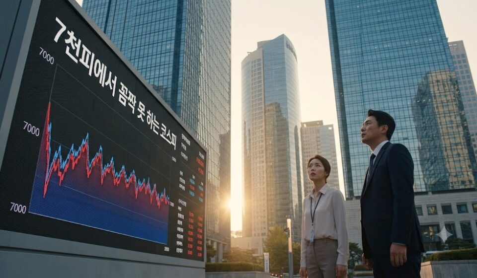 코스피 7000 부근 횡보 차트 전광판을 올려다보는 직장인