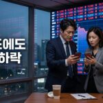 증권사 사무실 전광판의 하락 그래프 앞에서 휴대폰 주식 화면을 보며 당황한 두 투자자