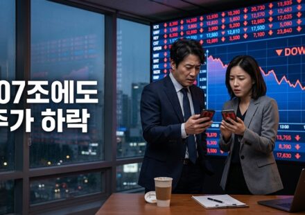 증권사 사무실 전광판의 하락 그래프 앞에서 휴대폰 주식 화면을 보며 당황한 두 투자자