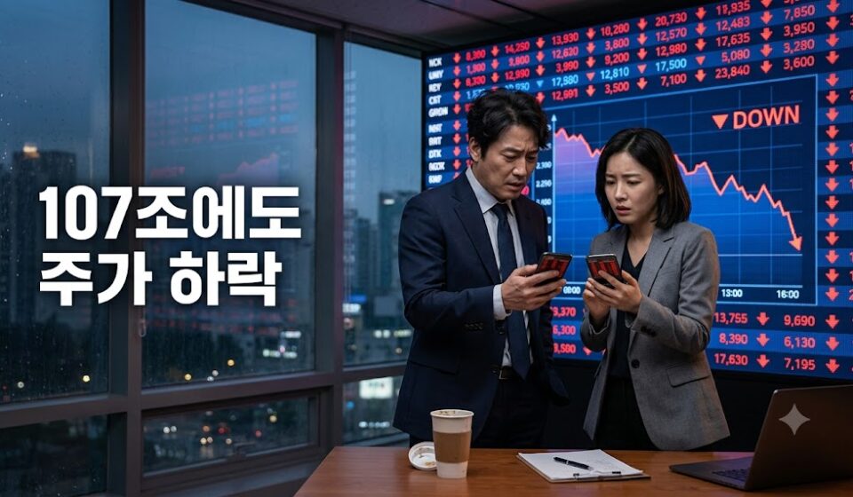 증권사 사무실 전광판의 하락 그래프 앞에서 휴대폰 주식 화면을 보며 당황한 두 투자자