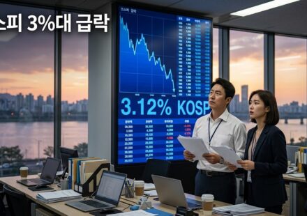 증권사 사무실 전광판의 하락 그래프를 올려다보는 직원들