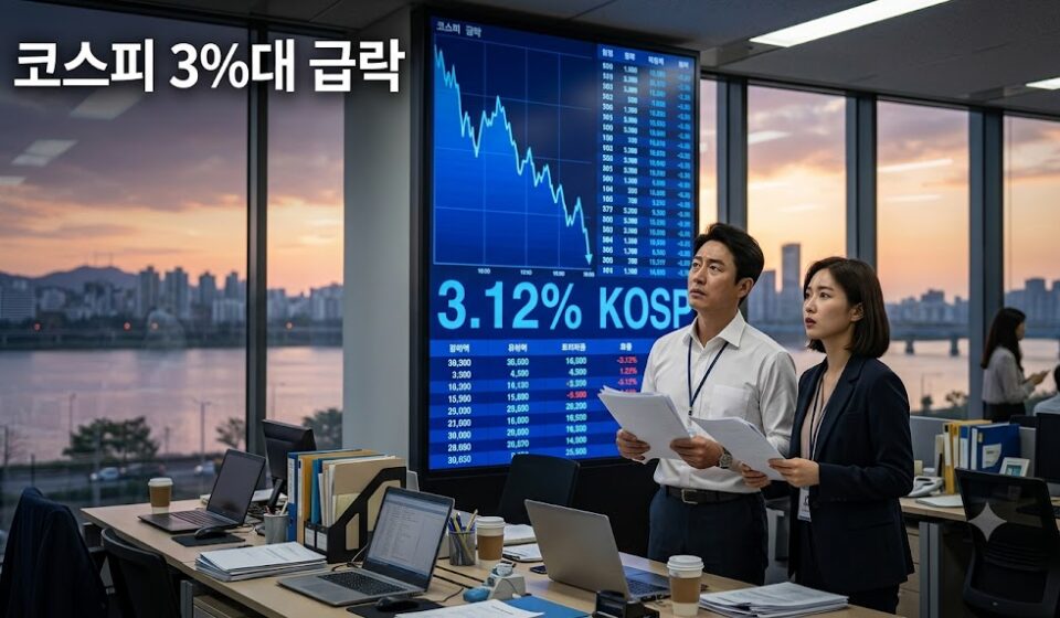 증권사 사무실 전광판의 하락 그래프를 올려다보는 직원들