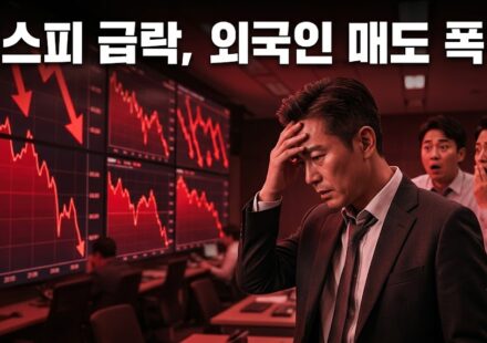 붉은 하락 차트가 가득한 트레이딩룸에서 이마를 짚고 있는 투자자와 놀란 직원들