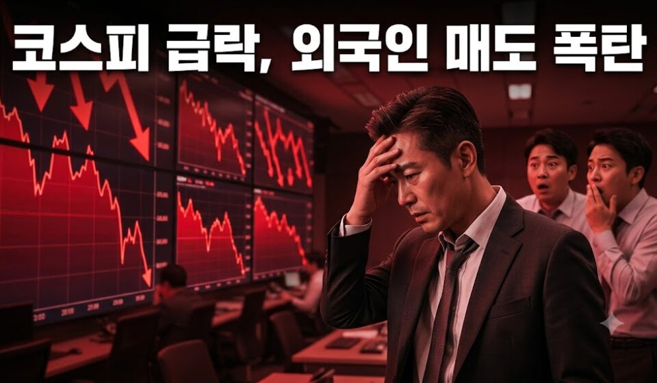 붉은 하락 차트가 가득한 트레이딩룸에서 이마를 짚고 있는 투자자와 놀란 직원들
