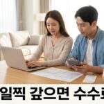거실 식탁에서 대출 상환 서류와 계산기를 보는 부부