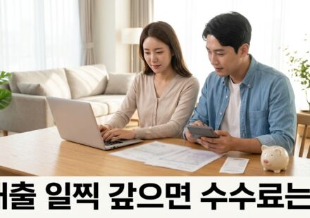 거실 식탁에서 대출 상환 서류와 계산기를 보는 부부