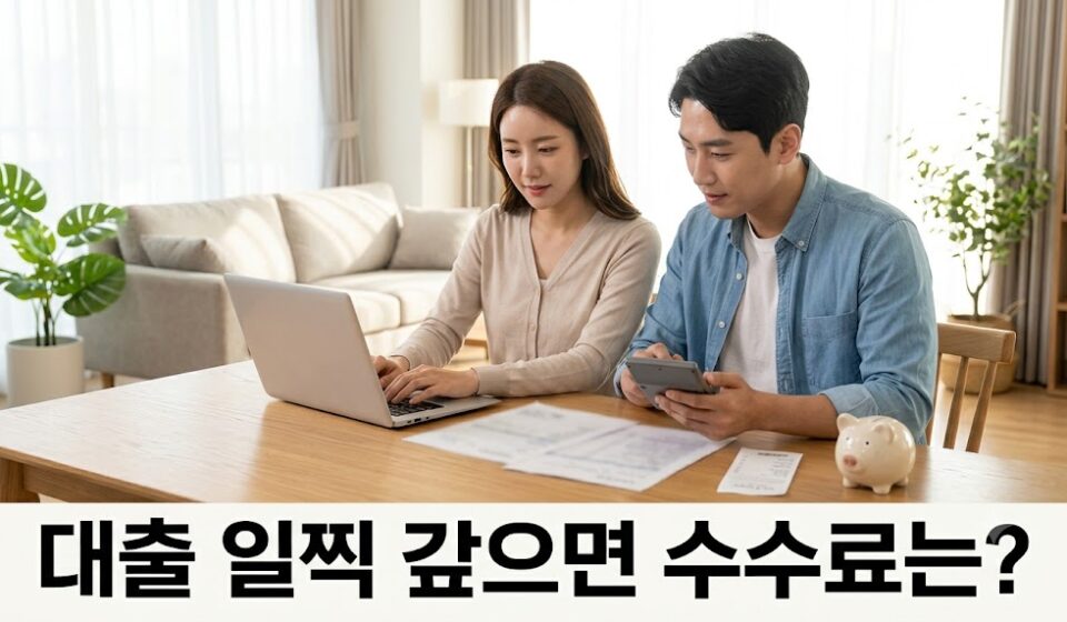 거실 식탁에서 대출 상환 서류와 계산기를 보는 부부