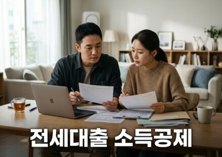 거실 탁자에서 노트북과 서류를 확인하는 한국인 부부