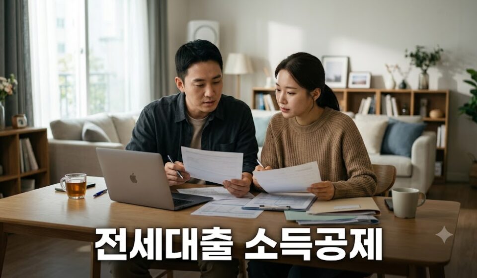 거실 탁자에서 노트북과 서류를 확인하는 한국인 부부