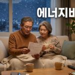 눈 내리는 겨울 저녁 거실에서 담요를 덮고 고지서를 보는 노부부