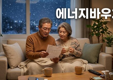 눈 내리는 겨울 저녁 거실에서 담요를 덮고 고지서를 보는 노부부
