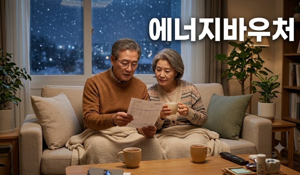 눈 내리는 겨울 저녁 거실에서 담요를 덮고 고지서를 보는 노부부