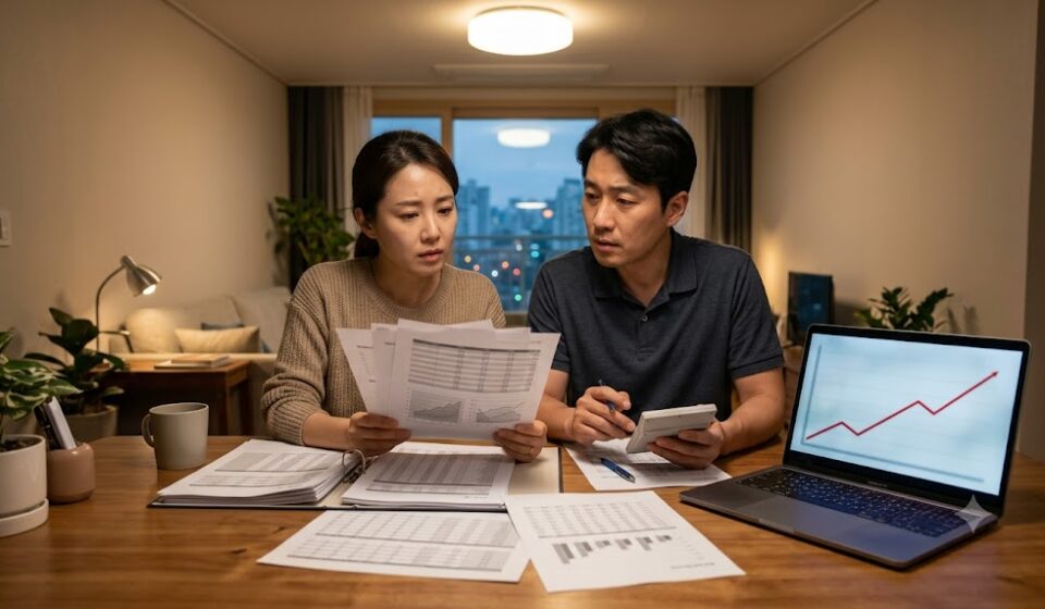 미국 금리 인상 소식에 대출 서류를 살피는 부부