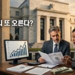 연준 건물 앞에서 FOMC 의사록을 검토하는 위원들과 금리 상승 그래프