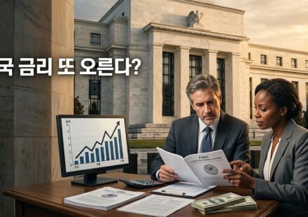 연준 건물 앞에서 FOMC 의사록을 검토하는 위원들과 금리 상승 그래프