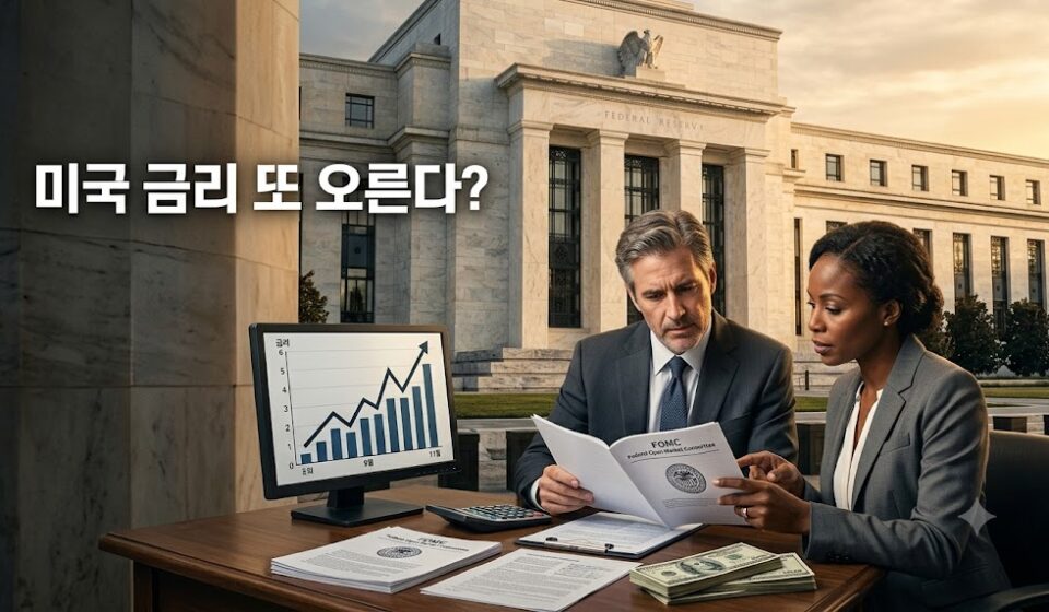 연준 건물 앞에서 FOMC 의사록을 검토하는 위원들과 금리 상승 그래프