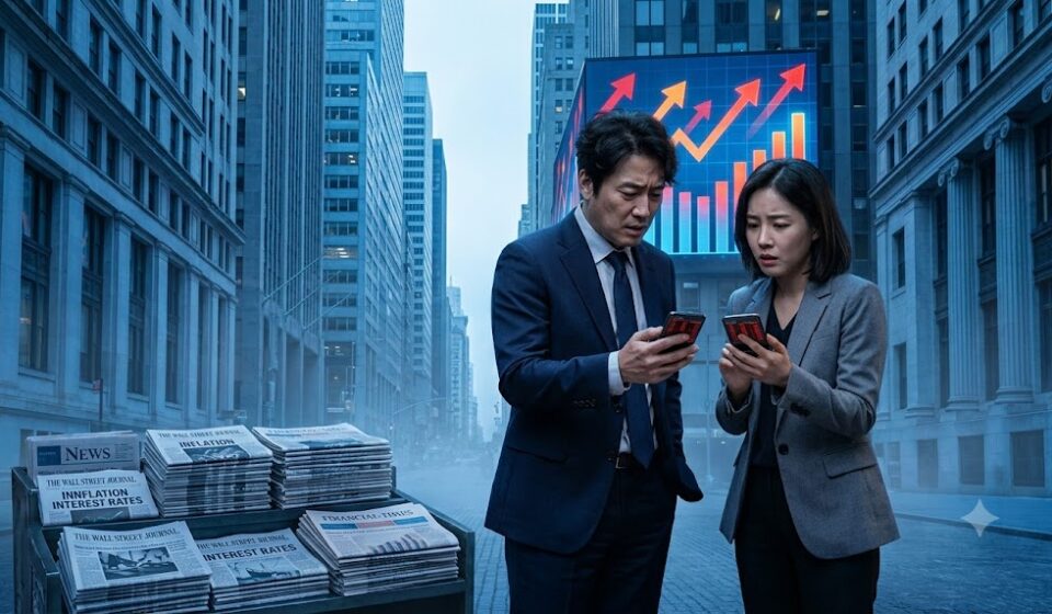 월가 거리 건물 전광판의 상승 화살표 그래프 앞에서 휴대폰을 보는 두 직장인