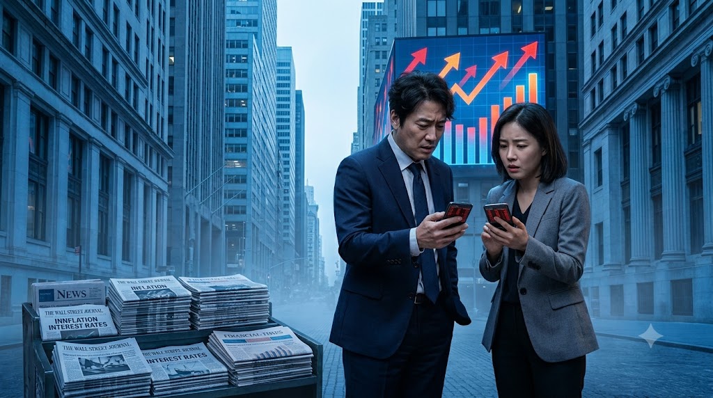 월가 거리 건물 전광판의 상승 화살표 그래프 앞에서 휴대폰을 보는 두 직장인