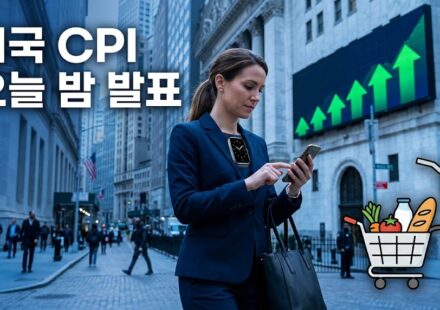 월가 거래소 앞에서 휴대폰을 보는 여성 트레이더와 장바구니·주유기 그림