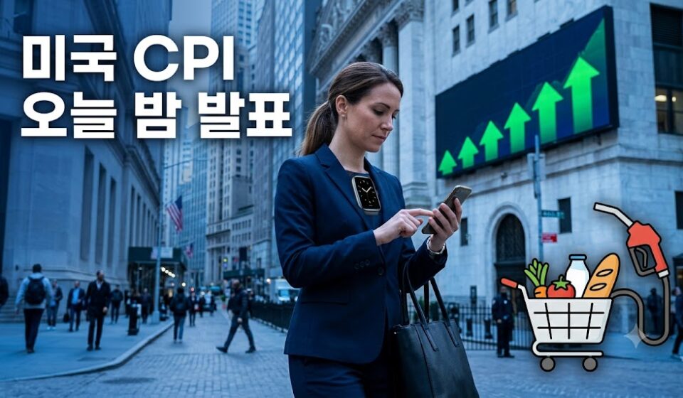 월가 거래소 앞에서 휴대폰을 보는 여성 트레이더와 장바구니·주유기 그림