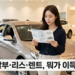 자동차 전시장에서 안내 책자를 비교하며 고민하는 여성