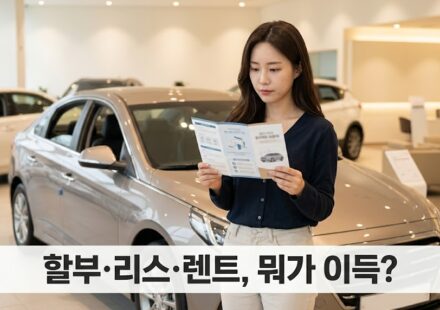 자동차 전시장에서 안내 책자를 비교하며 고민하는 여성