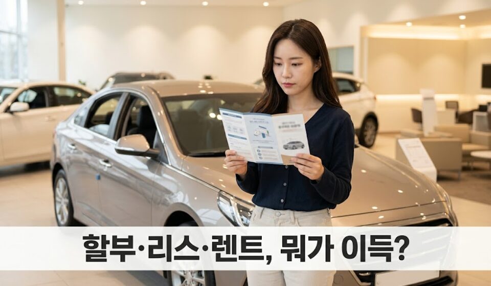 자동차 전시장에서 안내 책자를 비교하며 고민하는 여성