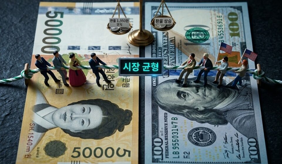 원달러 환율 1,350원 원화 지폐와 달러 지폐