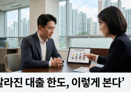 은행 창구에서 태블릿 그래프를 보며 상담하는 모습