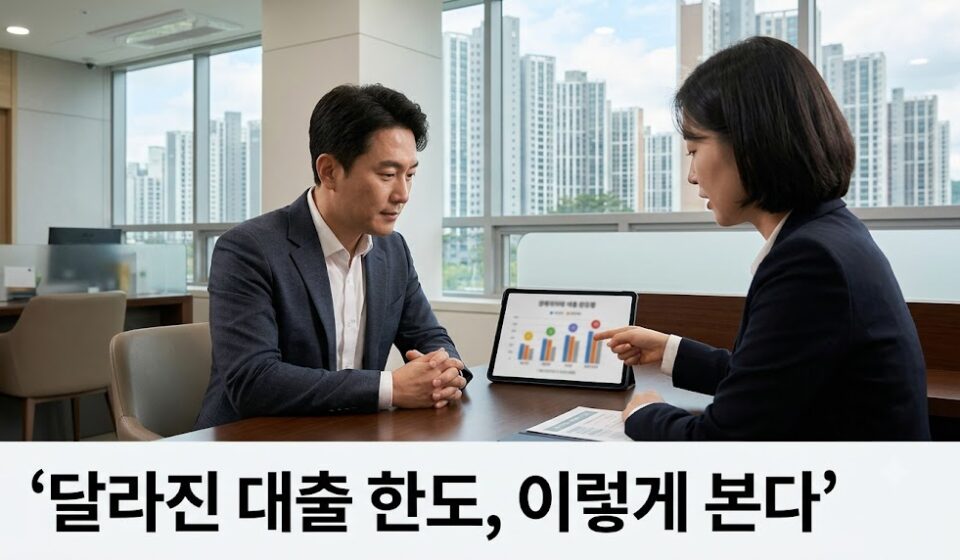 은행 창구에서 태블릿 그래프를 보며 상담하는 모습