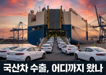 항구에서 수출용 운반선에 신차가 선적되는 장면
