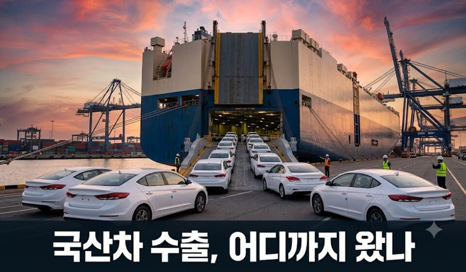 항구에서 수출용 운반선에 신차가 선적되는 장면