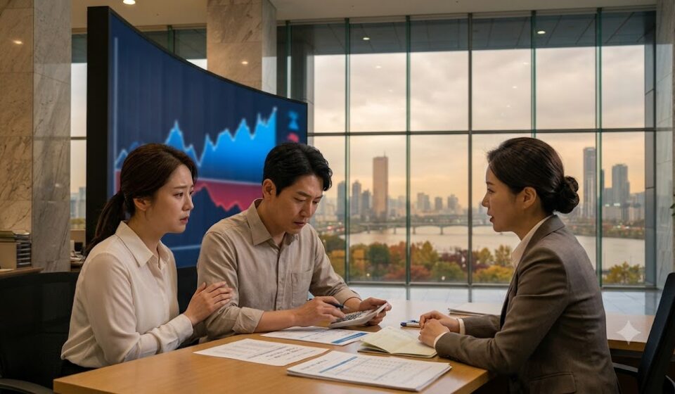 은행 대출 상담 창구의 부부