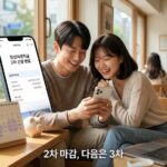 청년미래적금 2차 신청 완료 화면을 보며 안도하는 청년 두 사람과 11월 달력