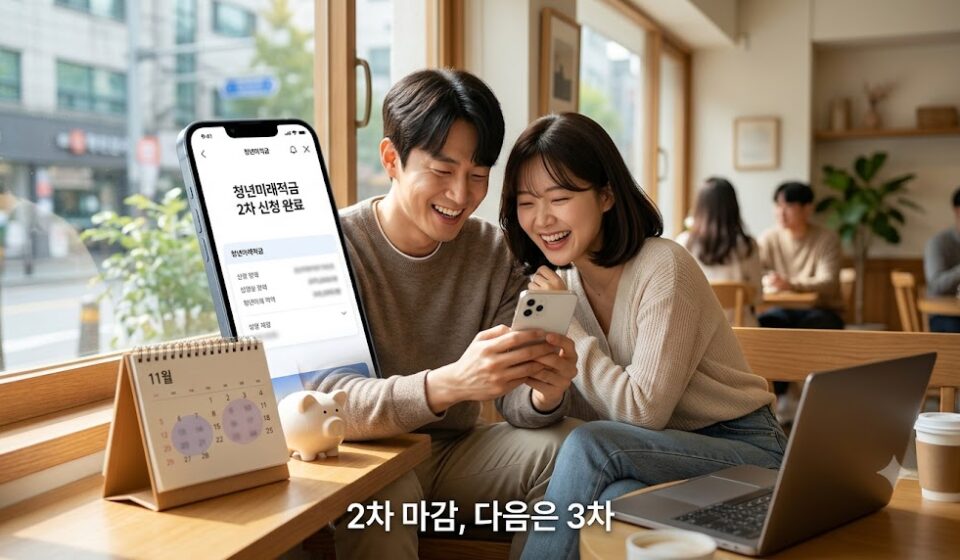 청년미래적금 2차 신청 완료 화면을 보며 안도하는 청년 두 사람과 11월 달력