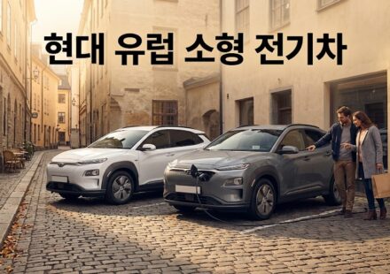 가을 유럽 골목에 주차된 소형 전기 SUV와 충전 중인 차량