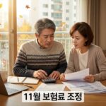 거실 식탁에서 서류와 계산기로 보험료를 확인하는 중년 부부