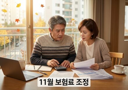 거실 식탁에서 서류와 계산기로 보험료를 확인하는 중년 부부