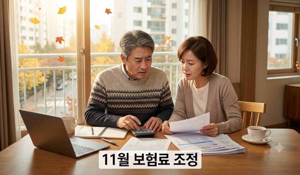 거실 식탁에서 서류와 계산기로 보험료를 확인하는 중년 부부