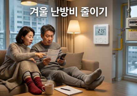 겨울철 아파트 거실에서 난방 고지서를 보며 계산하는 50대 한국인 부부와 보일러 조절기