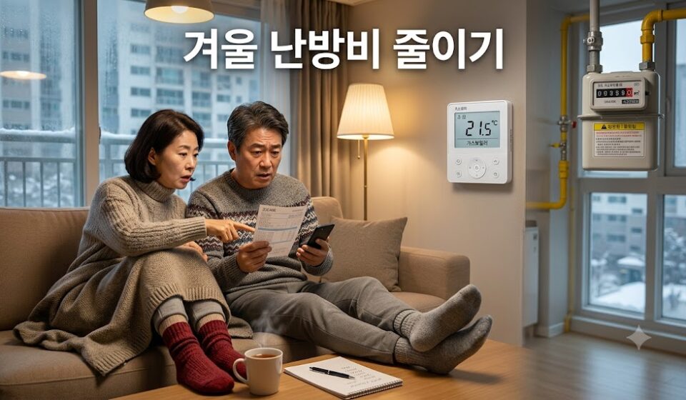 겨울철 아파트 거실에서 난방 고지서를 보며 계산하는 50대 한국인 부부와 보일러 조절기