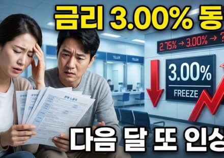 기준금리 동결 소식에 대출 서류를 보며 걱정하는 부부와 금리 그래픽