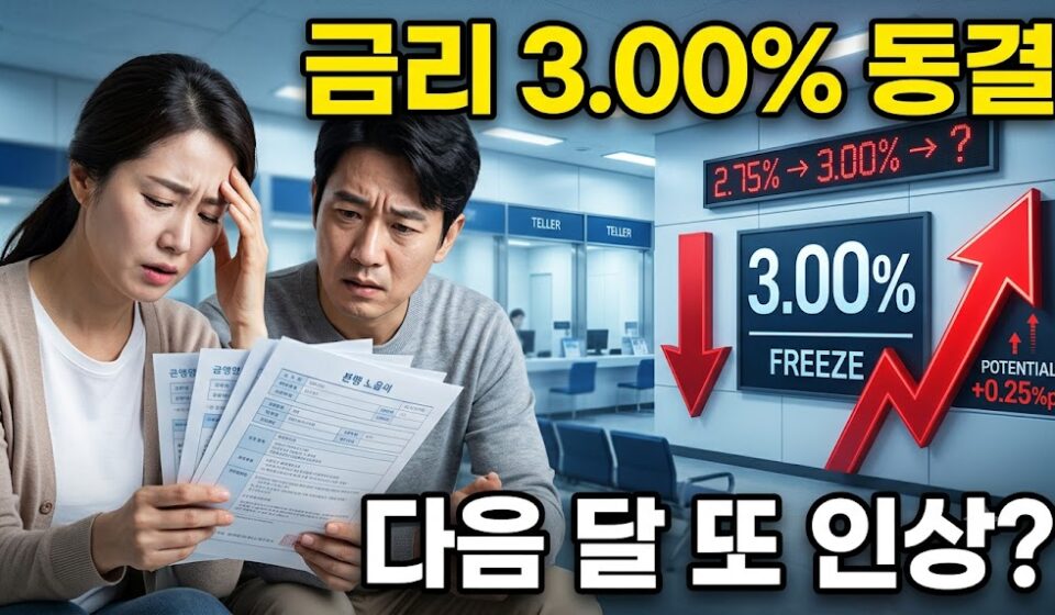 기준금리 동결 소식에 대출 서류를 보며 걱정하는 부부와 금리 그래픽