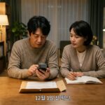 저녁 식탁에서 스마트폰과 서류를 보며 신청 방법을 알아보는 부부와 12월 달력
