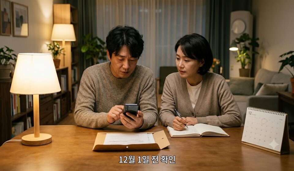 저녁 식탁에서 스마트폰과 서류를 보며 신청 방법을 알아보는 부부와 12월 달력