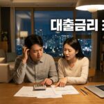 저녁 거실에서 대출 서류와 계산기를 보며 고민하는 부부